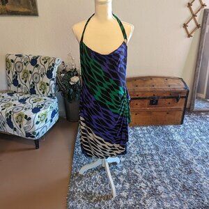 BCBGMAXAZRIA Retro Abstract Halter Side Ruffle Dress| Y2K | Size L
